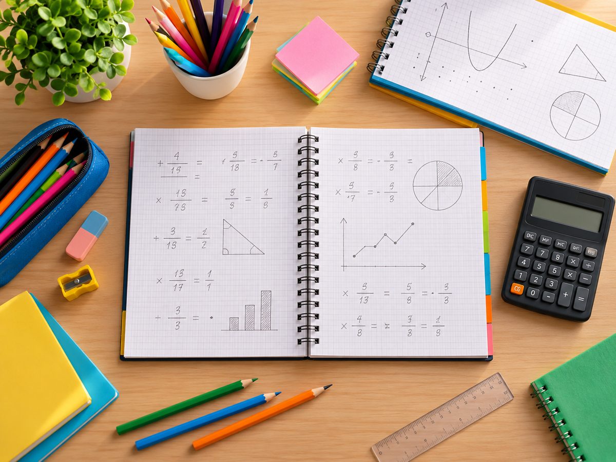 Caderno de matemática com lápis coloridos e calculadora