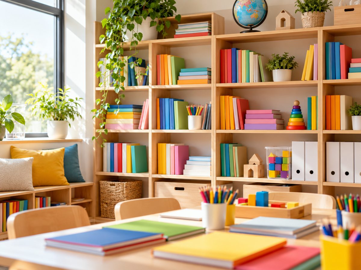 Estante com livros e materiais didáticos coloridos
