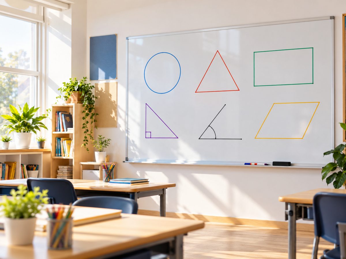 Quadro branco com formas geométricas na sala de aula