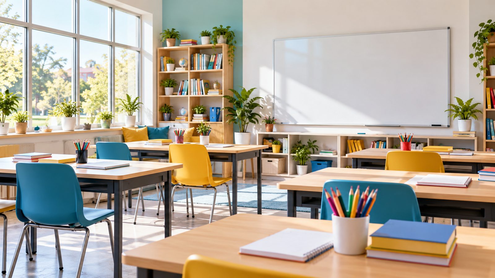 Sala de reforço escolar colorida com mesas e lousa
